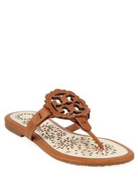 Tory Burch Miller Leather Scallop Logo Flat  Sandal Thong Tan/Cream Size 9M $225